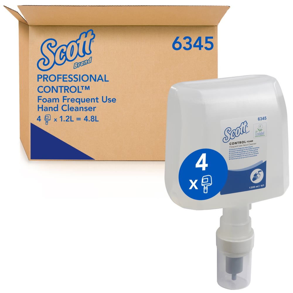 Scott® Control™ Schaumhandseife für häufige Anwendung 6345 – unparfümierter Schaumhandseife – 4 x 1,2 Liter, Nachfüllbehälter farbloser Handreiniger