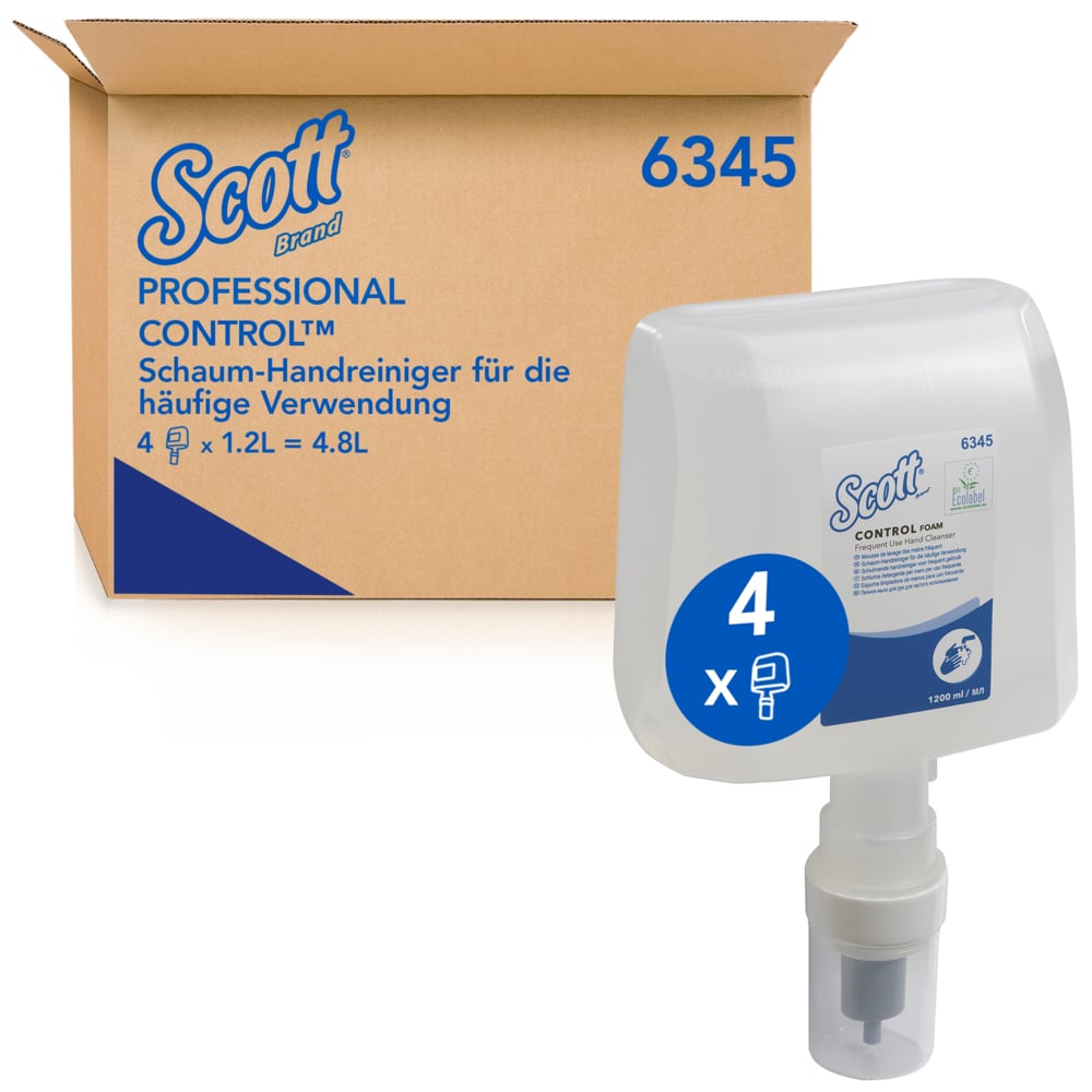 Scott® Control™ Foam Frequent Use Hand Cleanser 6345 - Unscented Foaming Hand Wash - 4 x 1.2 Litre Clear Hand Wash Refills (4.8 Litre total) - 6345