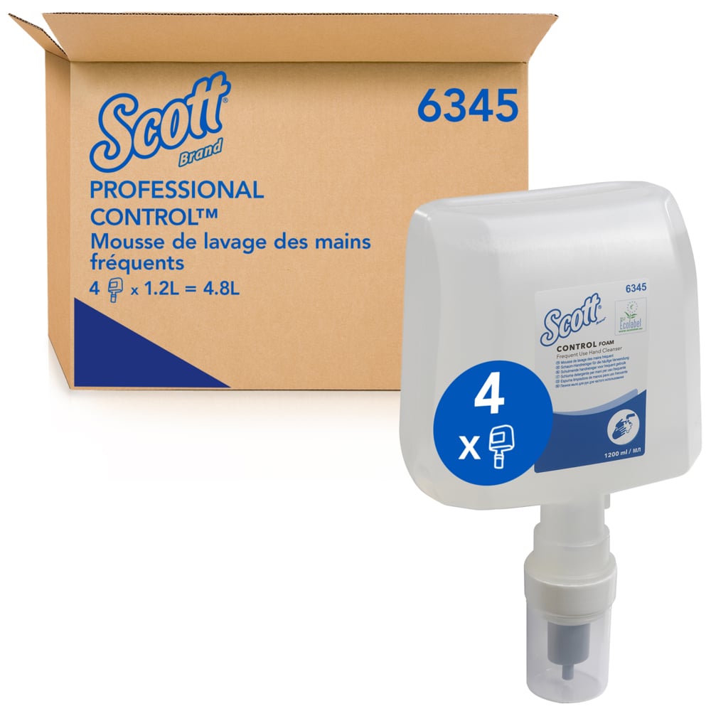 Sapone per mani in schiuma per uso frequente Scott® Control™ 6345 - Sapone per mani in schiuma inodore - 4 ricariche di Sapone per mani trasparente da 1,2 litri (totale 4,8 litri) - 6345