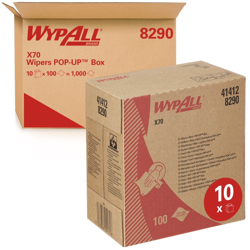WypAll® X70 Cleaning Cloths 8290 - 10 POP-UP boxes x 100 blue, 1 ply cloths - 8290