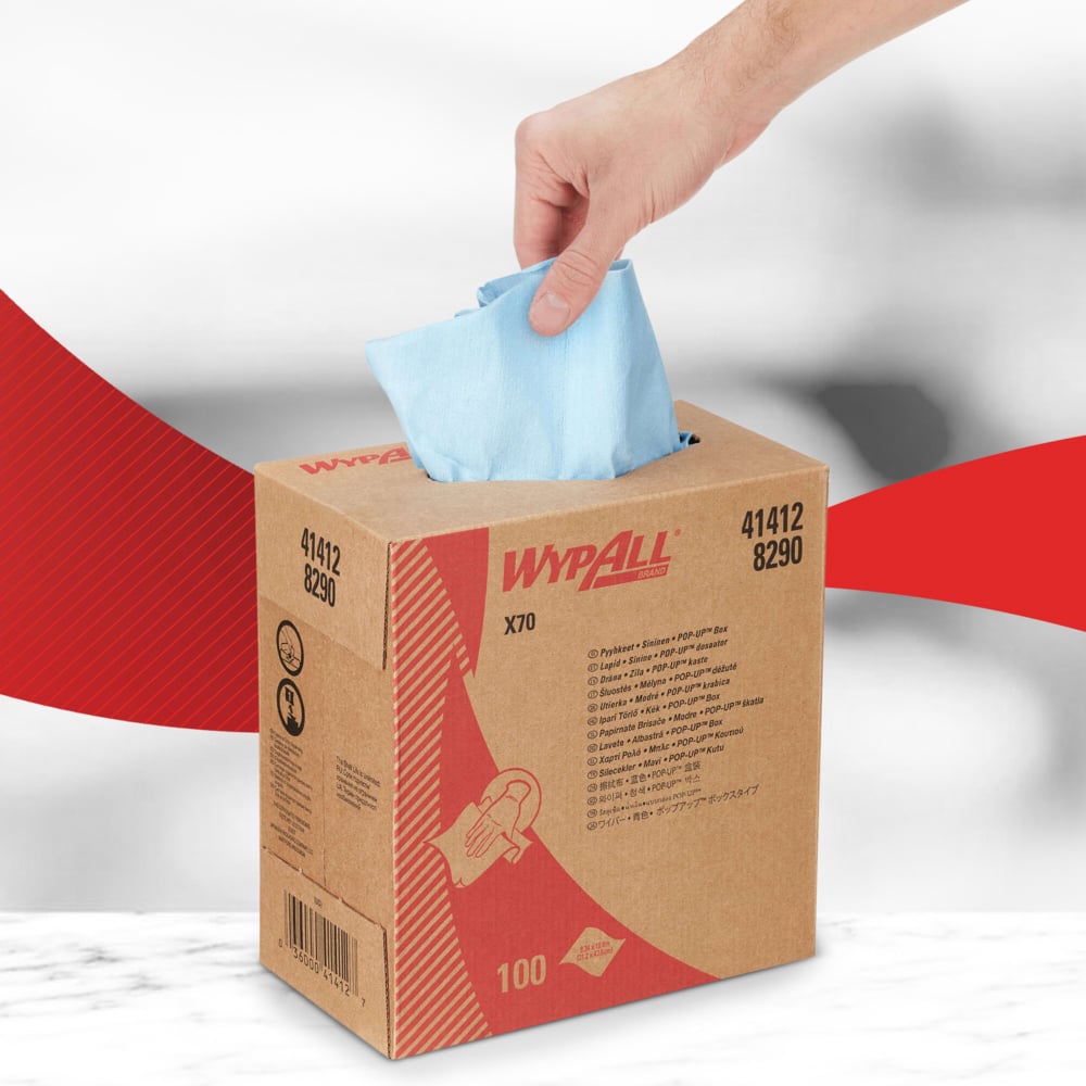 WypAll® X70 Cleaning Cloths 8290 - 10 POP-UP boxes x 100 blue, 1 ply cloths - 8290
