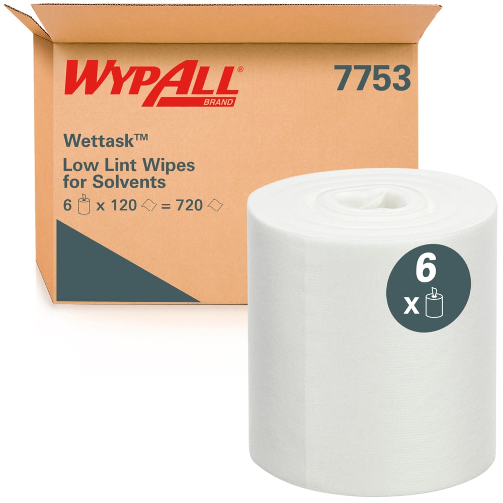 WypAll® Wettask™ Low Lint Wipes for Solvents 7753 - Industrial Wipers - 6 Rolls x 120 White Cleaning Wipes (720 Total) - 7753