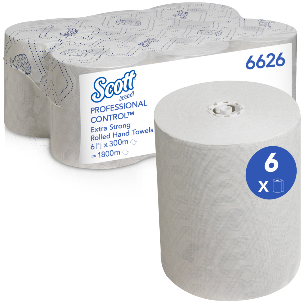 Scott® Control™ Extrastarke Papierhandtücher gerollt 6626 – Papiertücher – 6 x 300 m weiße Handtücher Rollen (insges. 1.800 m) - 6626