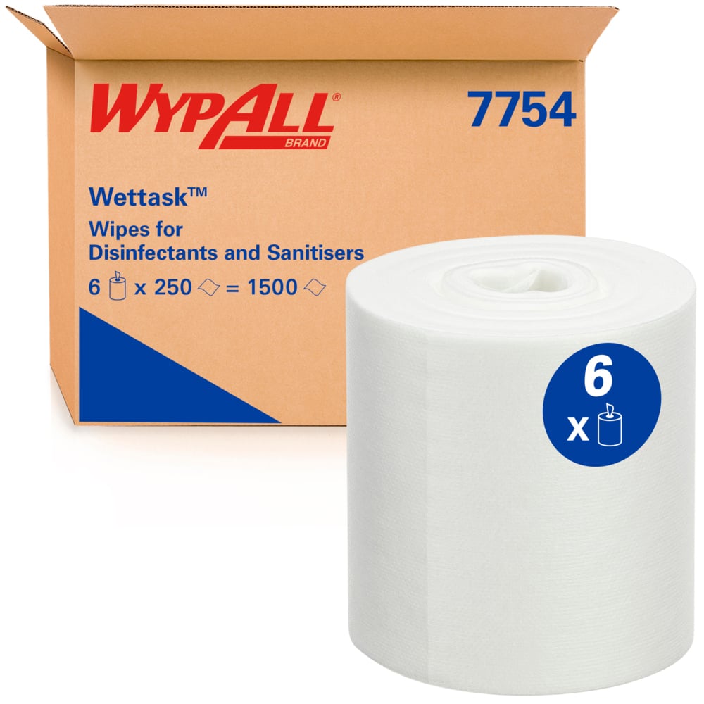 WypAll® Wettask™ Wipes for Disinfectants & Sanitisers 7754 - Multi Surface Wipes - 6 Rolls x 250 White Cleaning Wipes (1,500 Total)