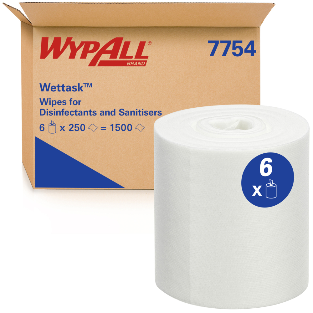 Essuyeurs WypAll® Wettask™ pour désinfectants 7754 - Essuyeurs multisurfaces - 6 rouleaux x 250 essuyeurs de nettoyage blancs (1 500 au total) - 7754