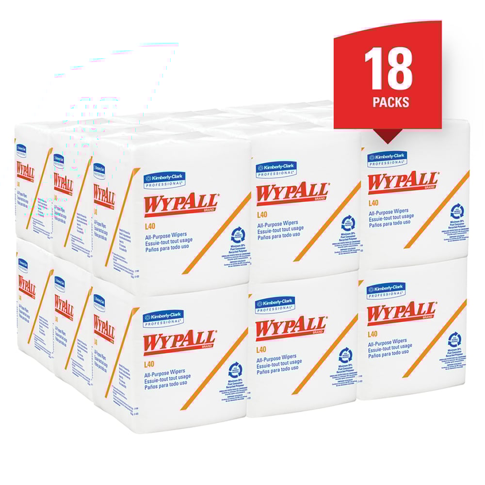 WypAll® L40 Disposable Cleaning and Drying Towels (05701), White, Single Use, 18 Packs / Case, 56 Wipes / Pack (1,008 Wipes) - 991005701