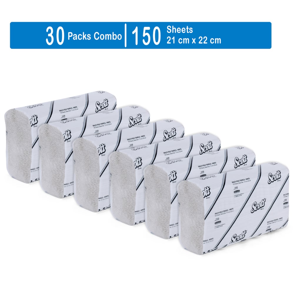 Scott® Multifold Paper Towels (1222A), White, 30 Packs / Case, 150 Sheets / Pack, (4,500 Towels) - S050784237