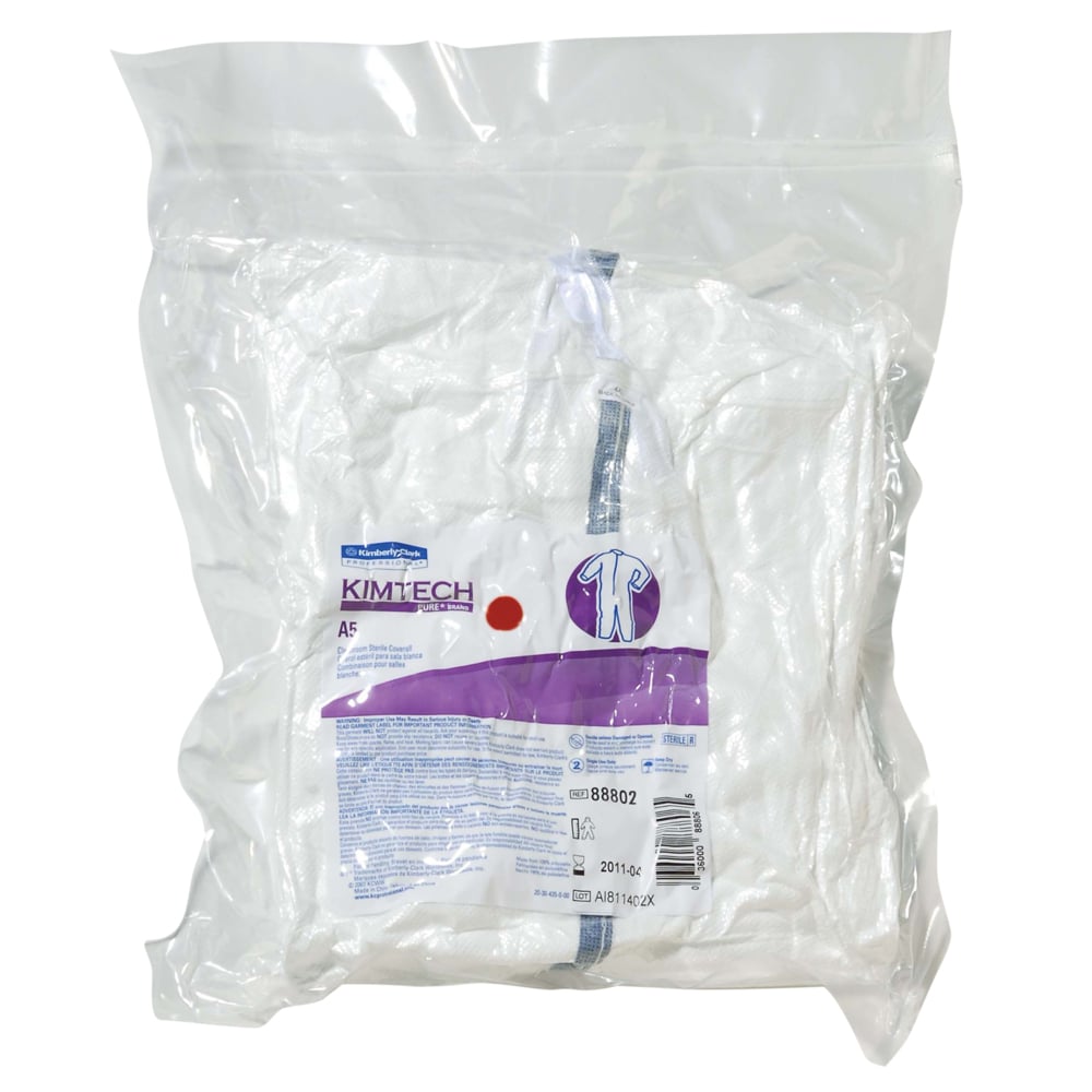 Kimtech® A5 Sterile Cleanroom Coveralls (88802), White, Large, 25 Packs / Case, 1 Coverall / Pack (25 Coveralls) - 991088802