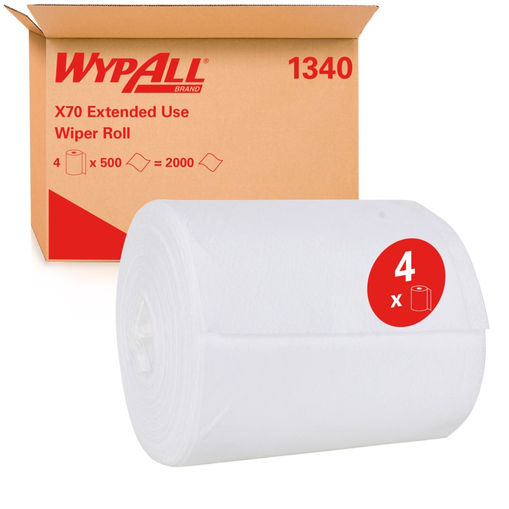 WypAll® X70 Extended Use Wiper (1340), White, 4 Rolls / Case, 500 Wipes / Roll (2,000 Wipes) - S050064480