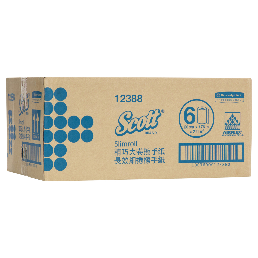 Scott® Slimroll™ Paper Hand Towels (12388), White Paper Towel Roll,  6 Compact Rolls / Case, 176m / Roll (1056m) - 991012388