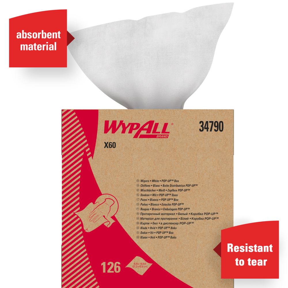 WypAll®劲拭® X60全能型擦拭布(小盒抽取)，白色，126张/盒，10盒/箱 - 991034790
