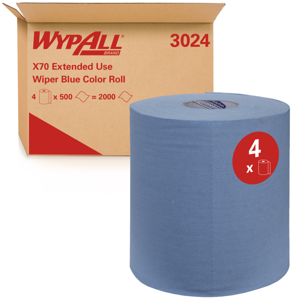 WypAll® X70 Extended Use Wiper (3024), Blue, 4 Rolls / Case, 500 Wipes / Roll (2,000 Wipes) - S050064482