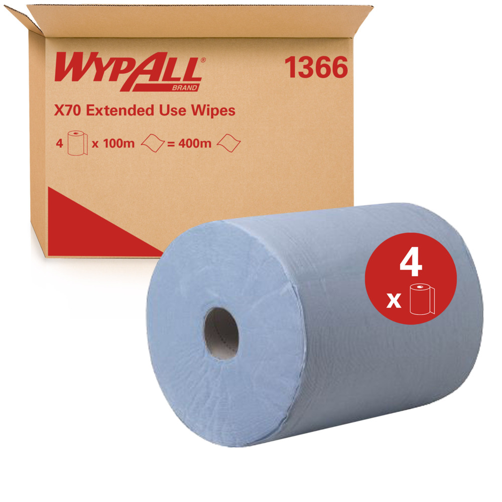 WypAll® X70 Extended Use Wiper (1366), Blue, 4 Rolls / Case, 100m / Roll (400m) - S050064481