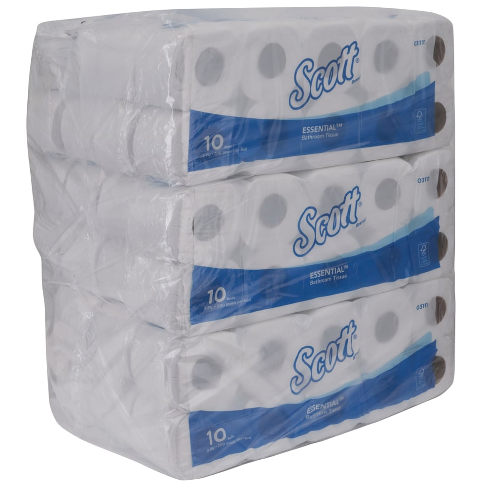 Scott® Essential Standard Roll Toilet Tissue (03111), White 2-Ply, 12 Packs / Case, 10 Rolls / Pack, 200 Sheets / Roll (120 Rolls, 24,000 Sheets) - 3111