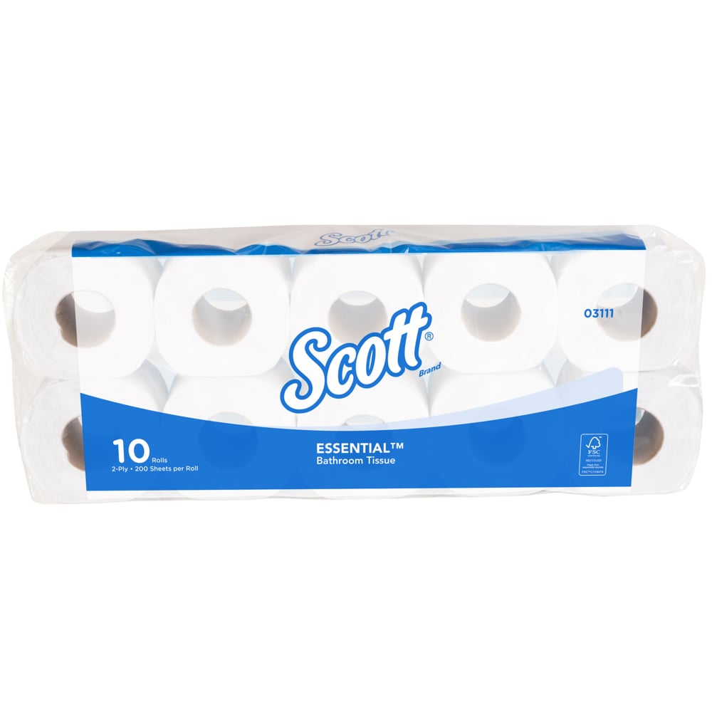 Scott® Essential Standard Roll Toilet Tissue (03111), White 2-Ply, 12 Packs / Case, 10 Rolls / Pack, 200 Sheets / Roll (120 Rolls, 24,000 Sheets) - S050059086