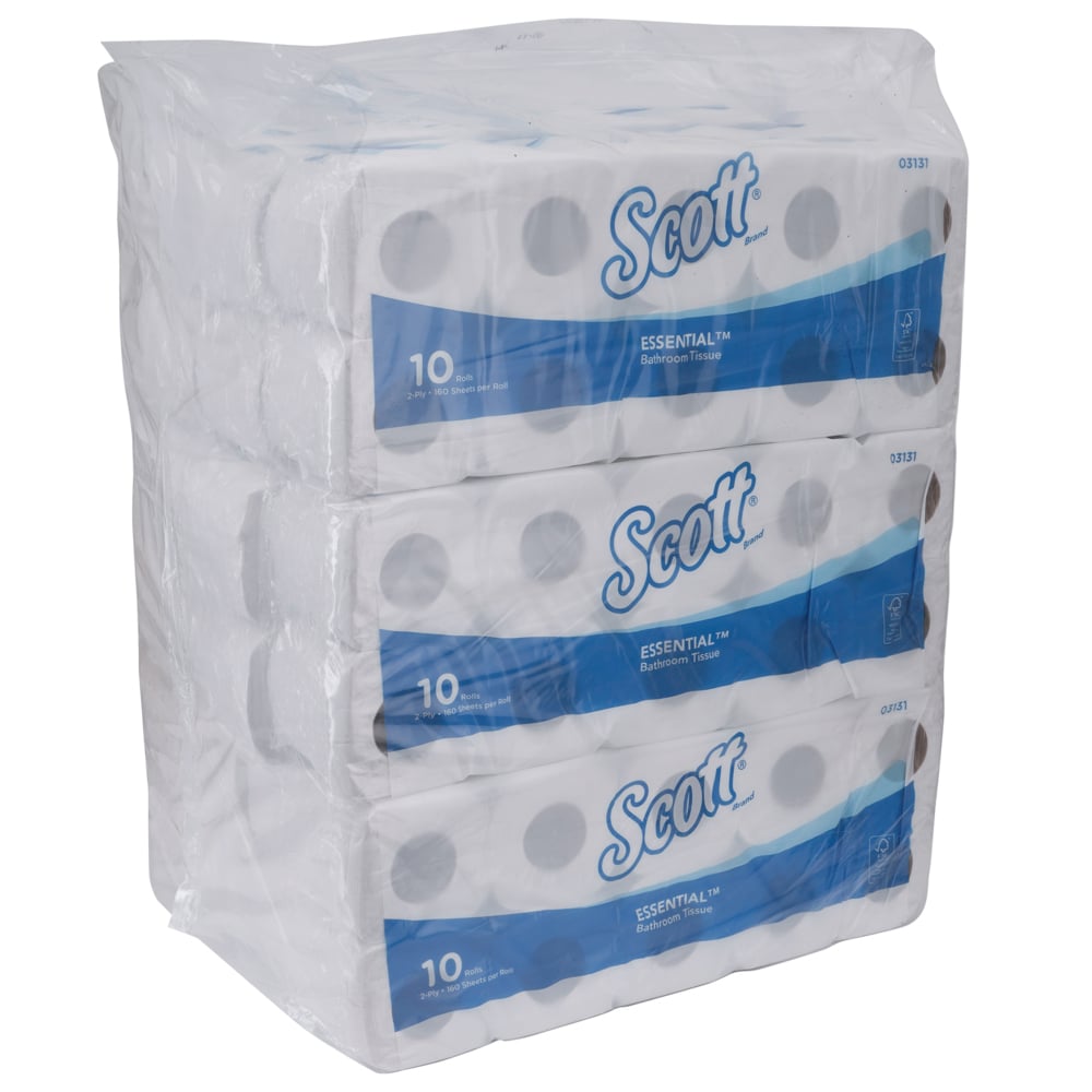 Scott® Essential Standard Roll Toilet Tissue (03131), White 2-Ply, 12 Packs / Case, 10 Rolls / Pack, 160 Sheets / Roll (120 Rolls, 19,200 Sheets) - 3131