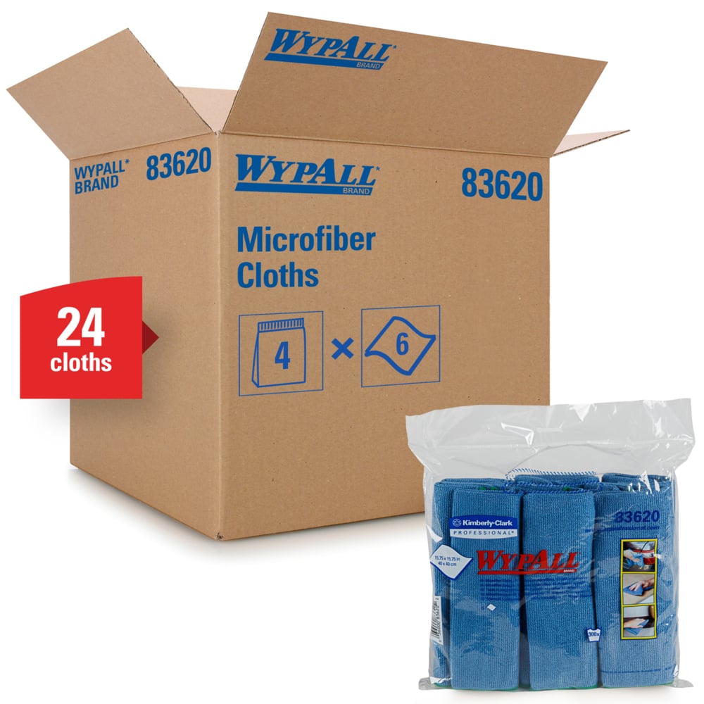 WYPALL® Microfibre Cloths (83620), Blue Cleaning Cloths, 4 Packs / Case, 6 Cloths / Pack (24 Cloths) - 991083620