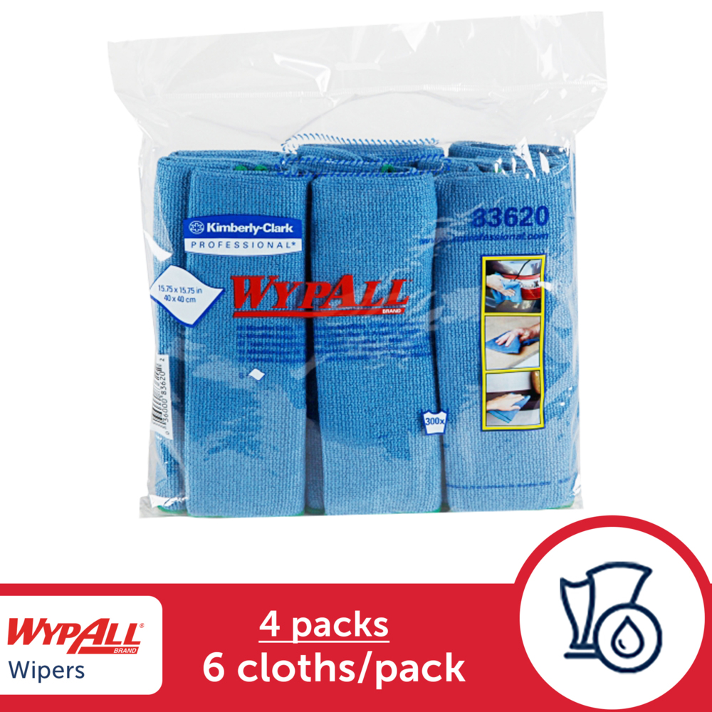 WypAll® Microfiber Cloths (83620), Blue, Reusable, 4 Packs / Case, 6 Cloths / Bag (24 Cloths) - 991083620
