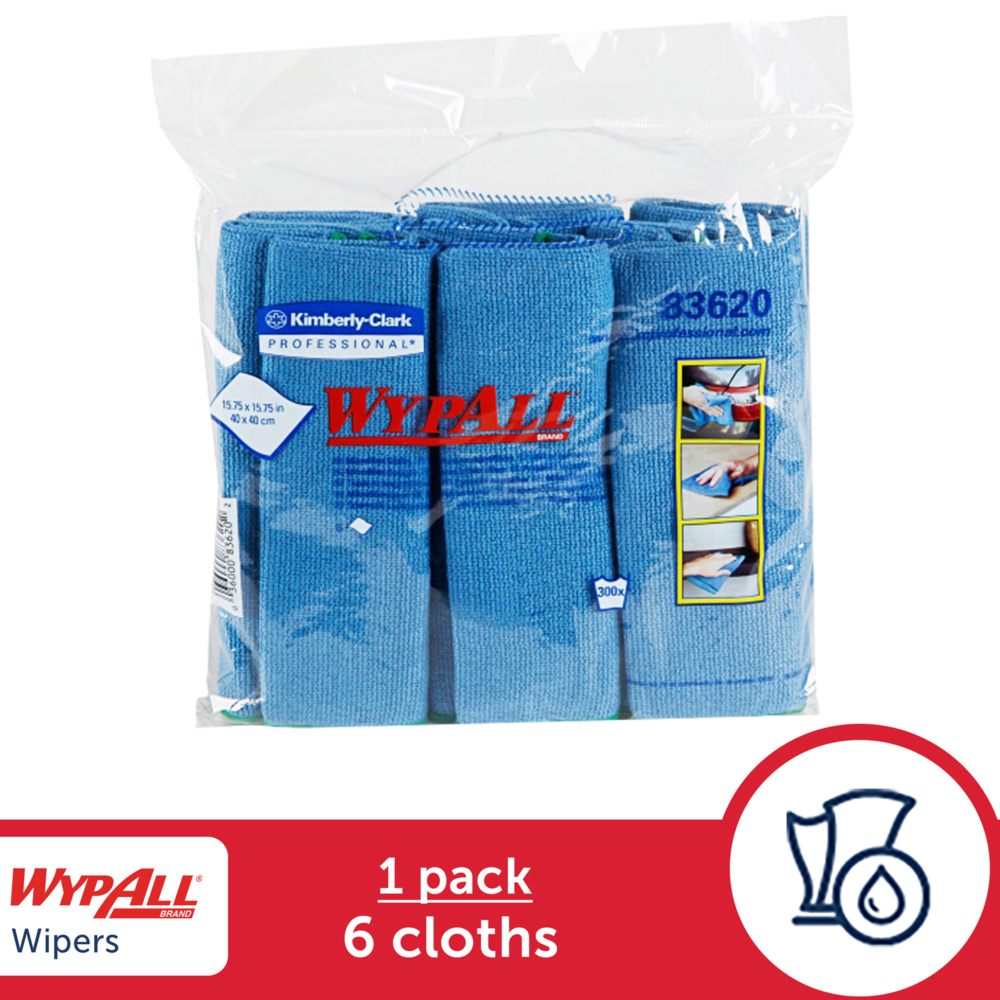 WypAll® Microfiber Cloths (83620), Blue, Reusable, 4 Packs / Case, 6 Cloths / Bag (24 Cloths) - 991083620