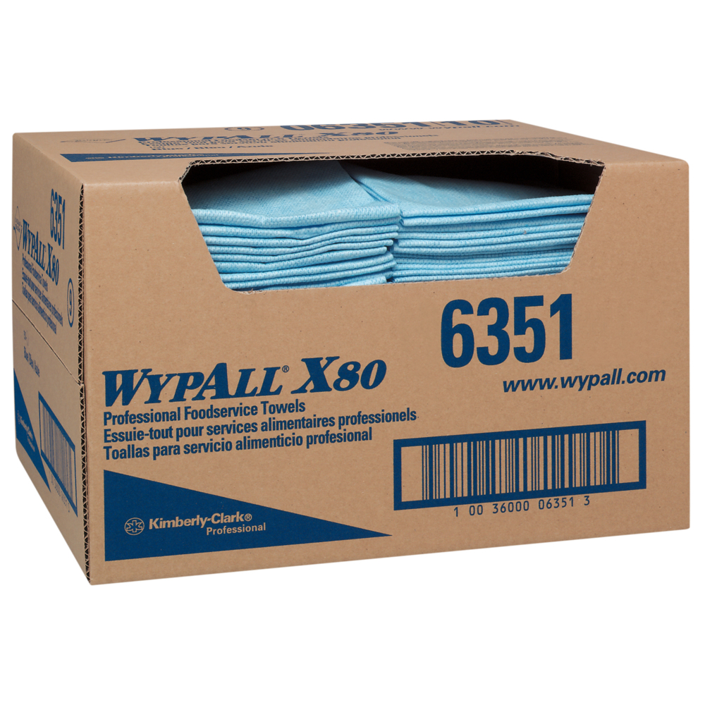 Wypall® X80 Foodservice Towels (06351), Blue, Quarter-Fold Extended Use Cloths, 1 Box / Case, 150 Sheets / Box (150 Sheets) - 6351
