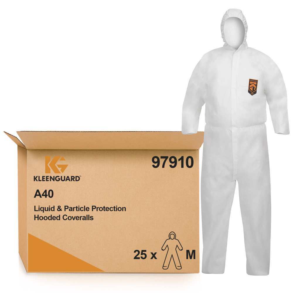 KleenGuard® A40 Liquid & Particle Protection Hooded Coveralls (97910), Medium White Coveralls, 25 Coveralls/Case, 1 Coverall / Pack (25 coveralls) - S058086961