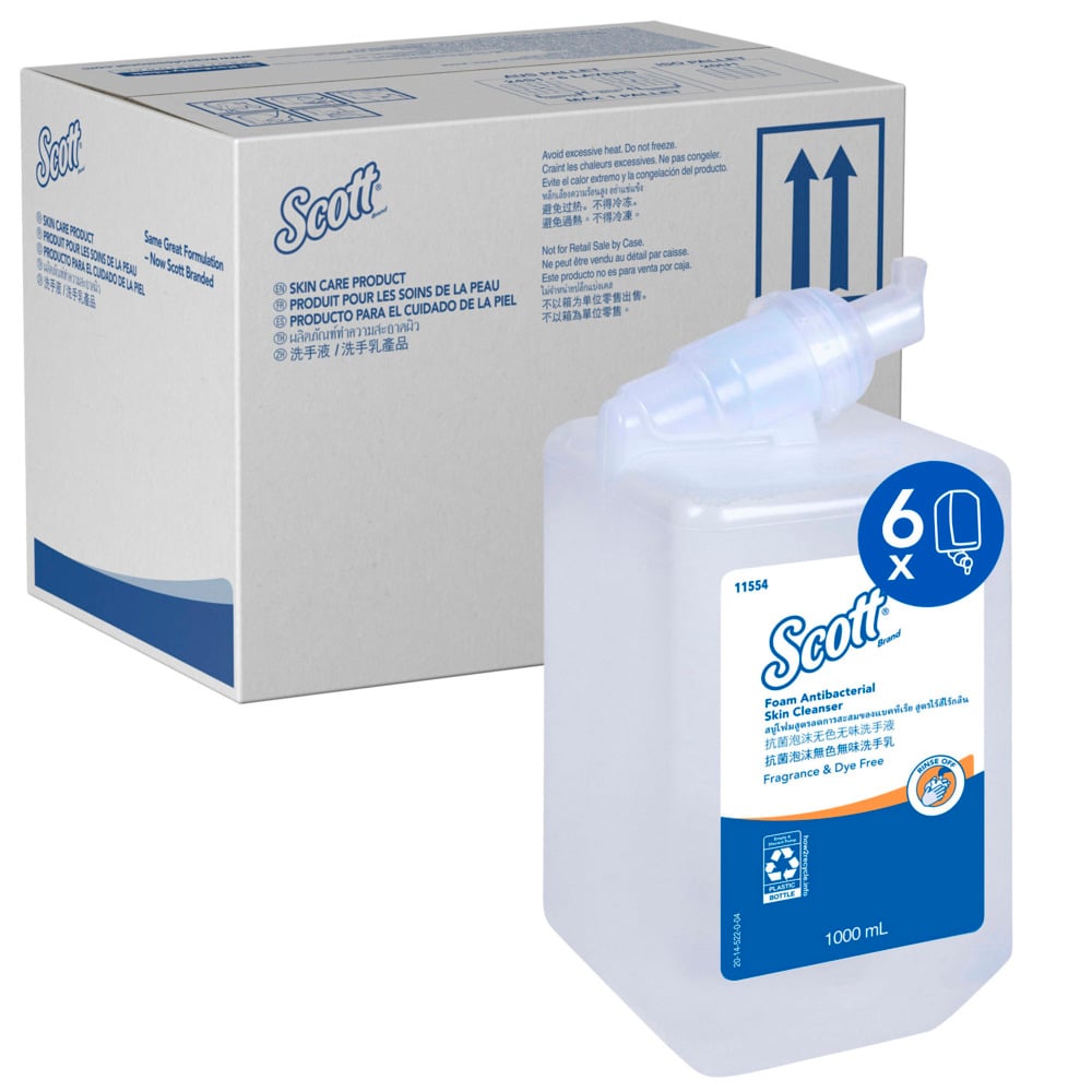 Scott® Foam Antibacterial Skin Cleanser Fragrance & Dye Free (11554), Foam Hand Soap, 6 Cartridges / Case, 1 Litre / Cartridge (6 Litres) - 991011554
