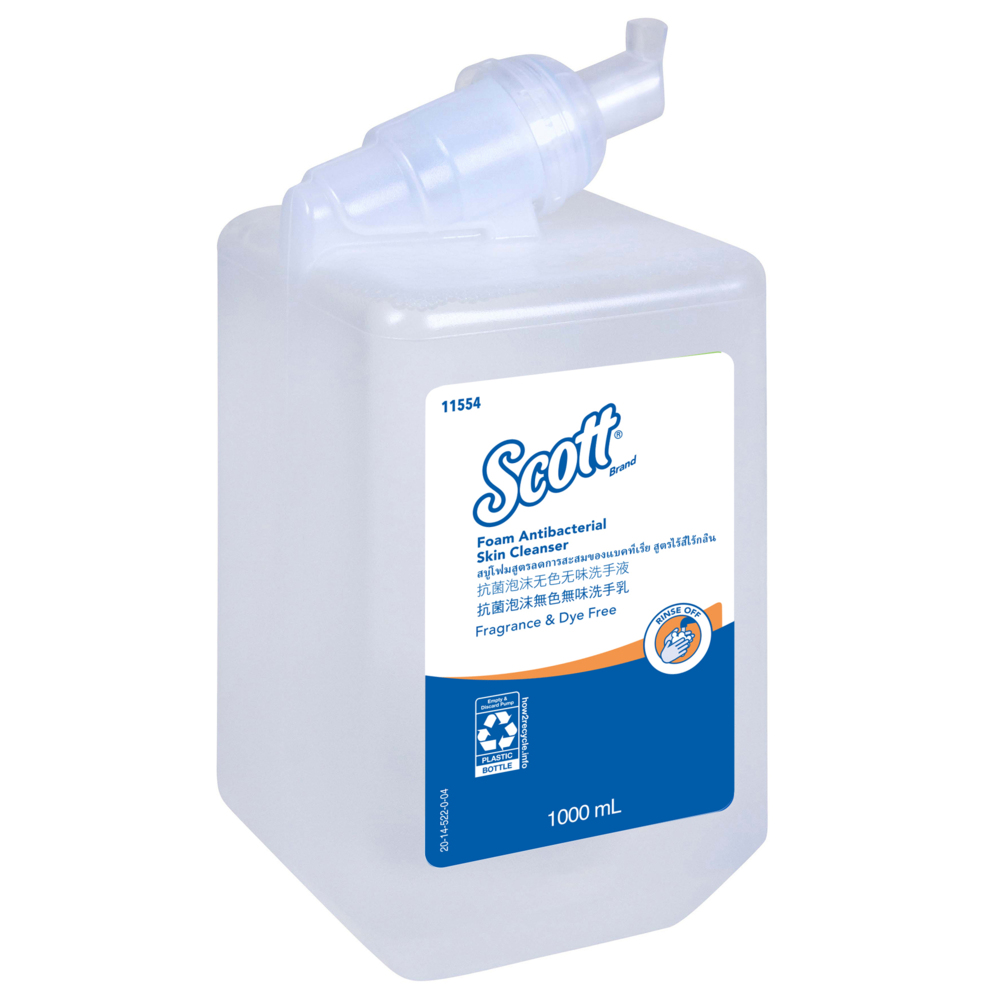 Scott® Foam Antibacterial Skin Cleanser Fragrance & Dye Free (11554), Foam Hand Soap, 6 Cartridges / Case, 1 Litre / Cartridge (6 Litres) - 991011554