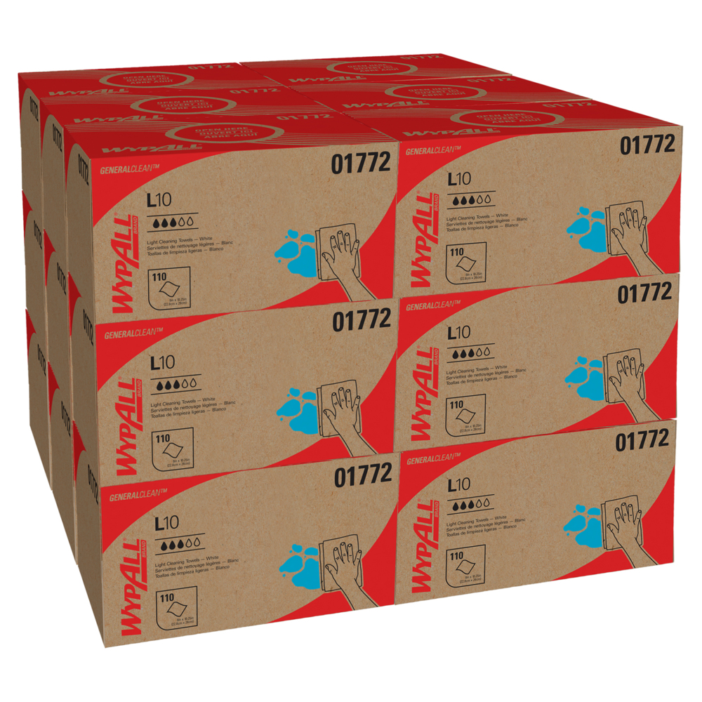 Lingettes de nettoyage léger WypAll® L10 General Clean (01772), lingettes pour le soin des animaux, 1 épaisseur, boîte Pop-Up, blanches, 18 boîtes/caisse, 110 lingettes/boîte, 1 980 feuilles/caisse - 01772