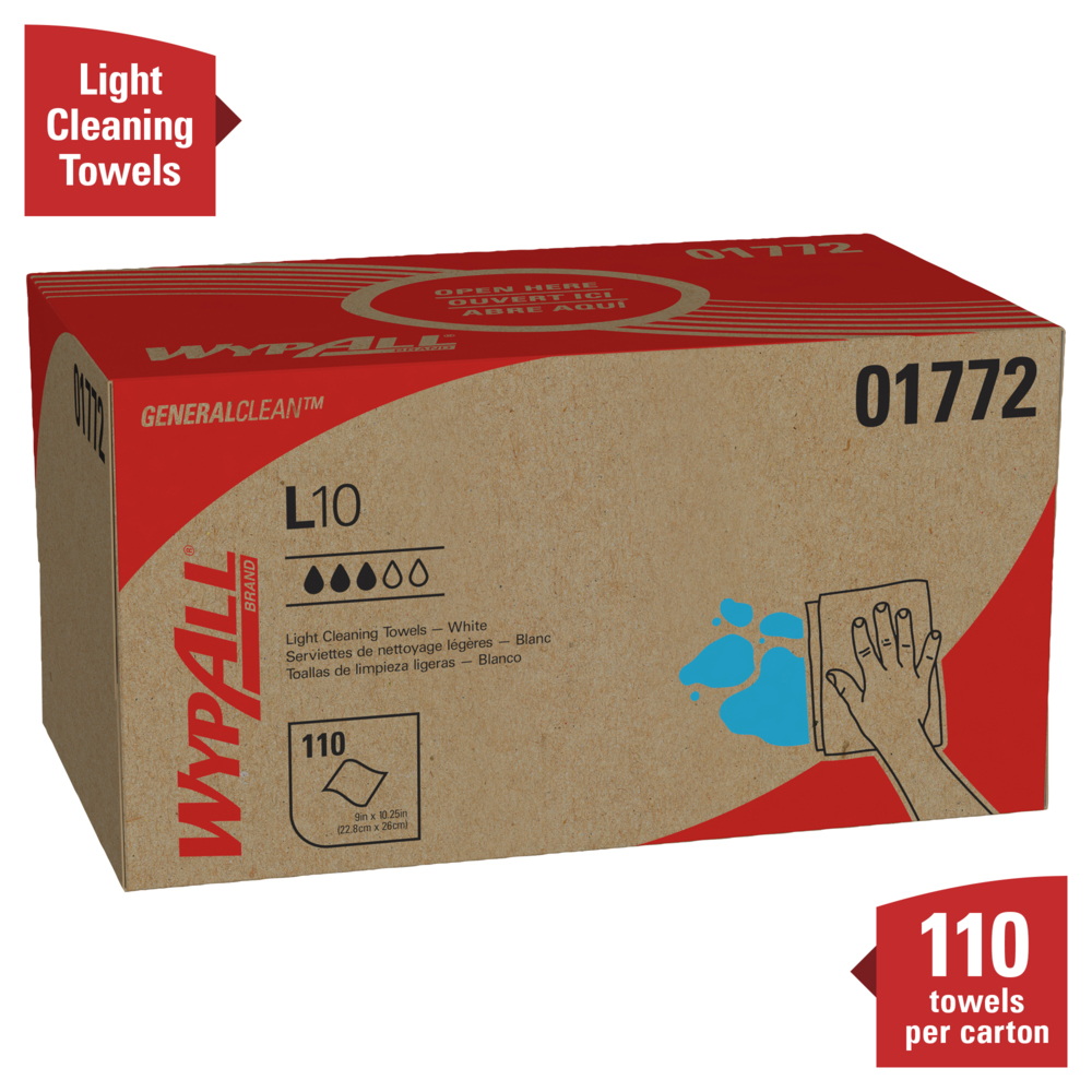WypAll® General Clean L10 Light Cleaning Towels (01772), Dairy Towels, 1-PLY, Pop-Up Box, White, 18 Boxes / Case, 110 Wipes / Box, 1,980 Sheets / Case - 01772