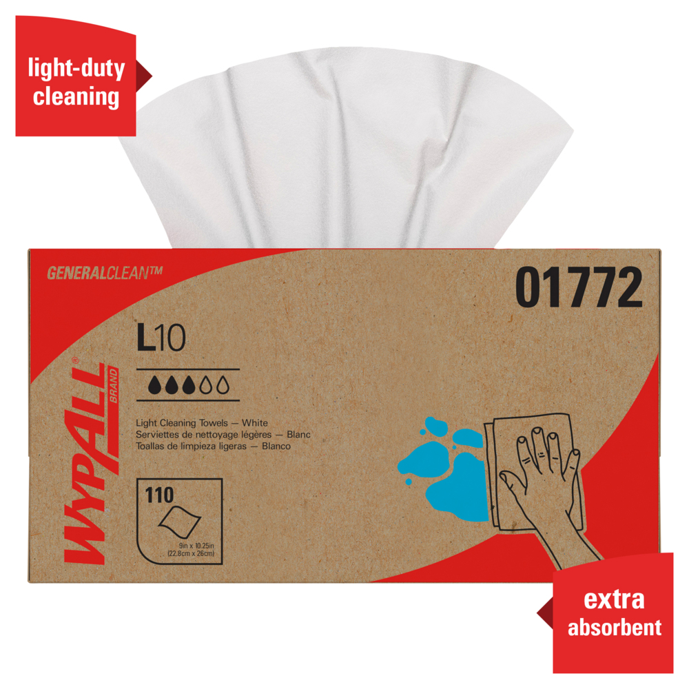 WypAll® General Clean L10 Light Cleaning Towels (01772), Dairy Towels, 1-PLY, Pop-Up Box, White, 18 Boxes / Case, 110 Wipes / Box, 1,980 Sheets / Case - 01772