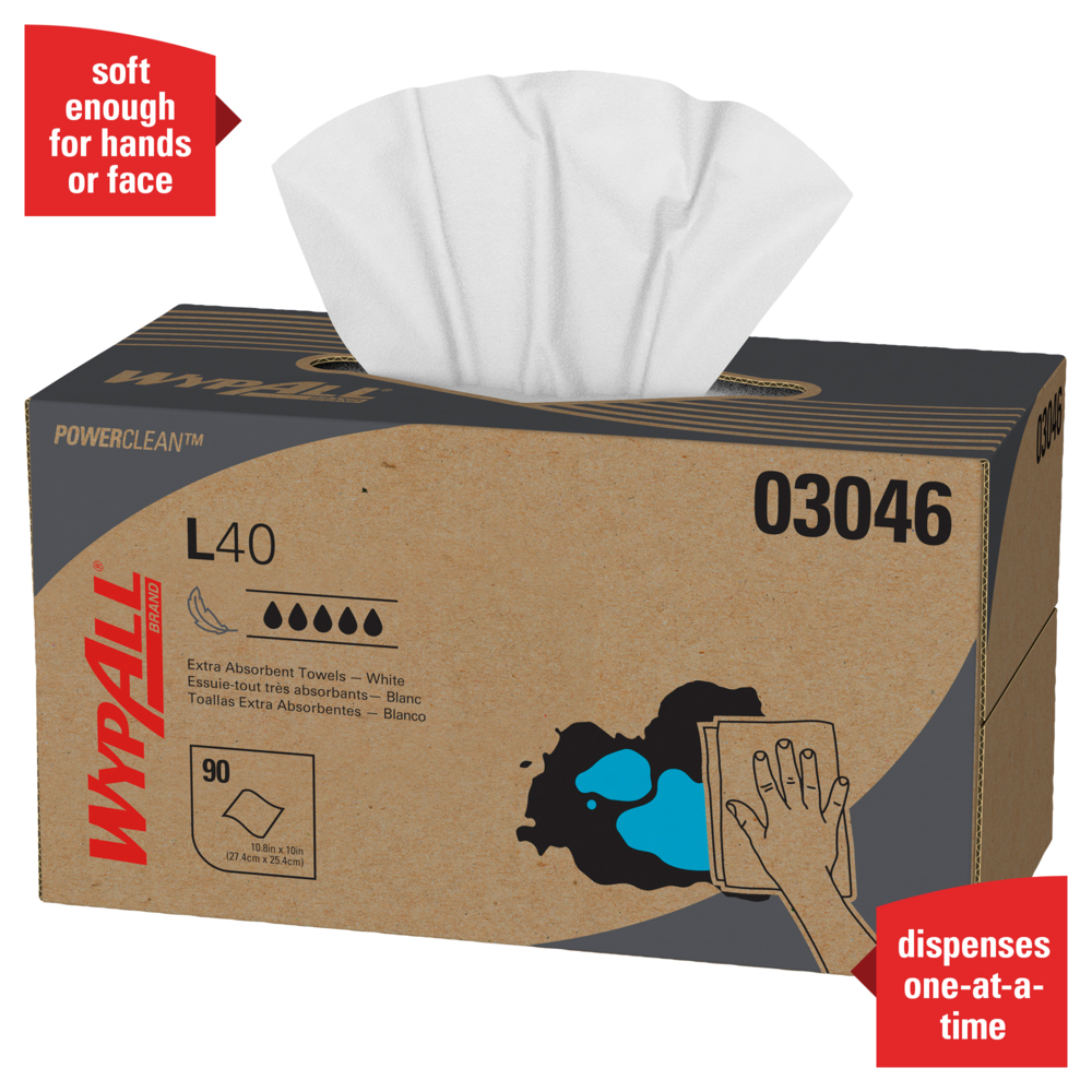 WypAll® Power Clean L40 Extra Absorbent Towels (03046), Limited Use Towels, White, 9 Pop Up Boxes per Case, 90 Sheets per Box, 810 Sheets Total - 03046