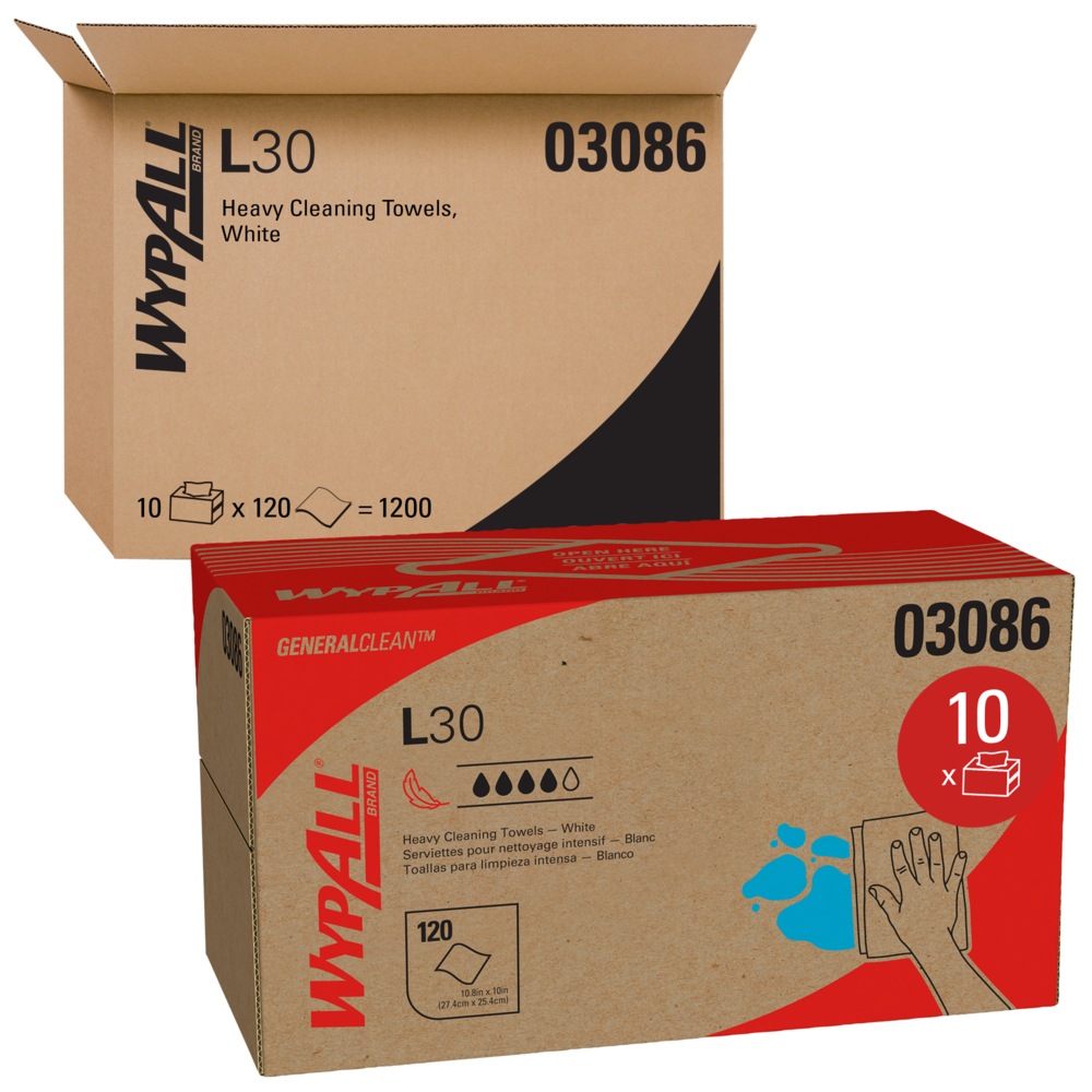 Lingettes de nettoyage robuste WypAll® L30 General Clean (03086), résistantes et douces, boîte Pop-Up, blanches, 10 boîtes/caisse, 120 feuilles/boîte, 1 200 lingettes/caisse - 03086