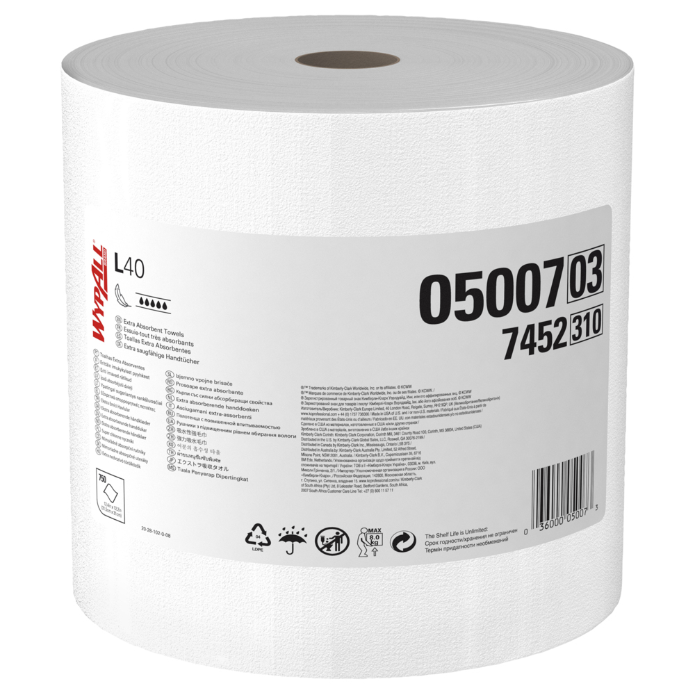 WypAll® Power Clean L40 Extra Absorbent Towels (05007), Limited Use Towels, White, 1 Jumbo Roll per Case, 750 Sheets per Roll - 05007