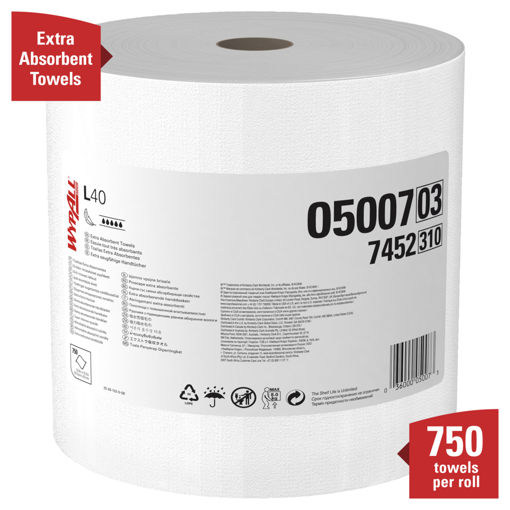 WypAll® Power Clean L40 Extra Absorbent Towels (05007), Limited Use Towels, White, 1 Jumbo Roll per Case, 750 Sheets per Roll - 05007