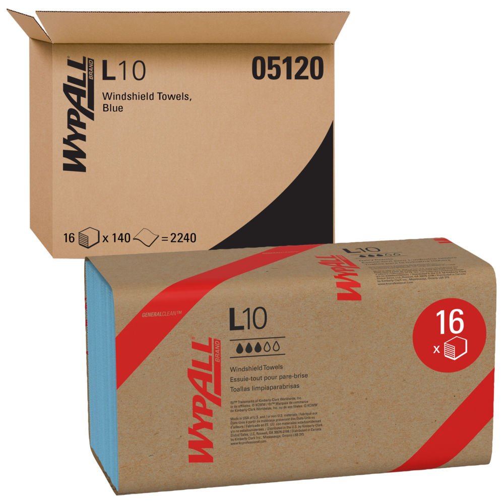 Lingettes de nettoyage léger WypAll® L10 General Clean (05120), lingettes pour pare-brise, 2 épaisseurs, en paquet, bleues, 16 paquets/caisse, 140 lingettes/paquet, 2 400 feuilles/caisse - 05120
