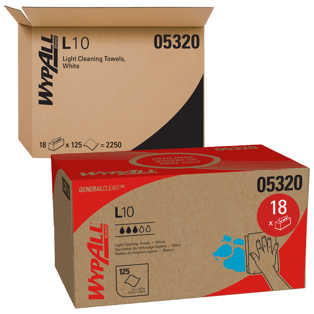 WypAll® General Clean L10 Light Cleaning Towels (05320), Limited Use, 1-PLY, Pop-Up Box, White, 18 Boxes / Case, 125 Wipes / Box - 05320