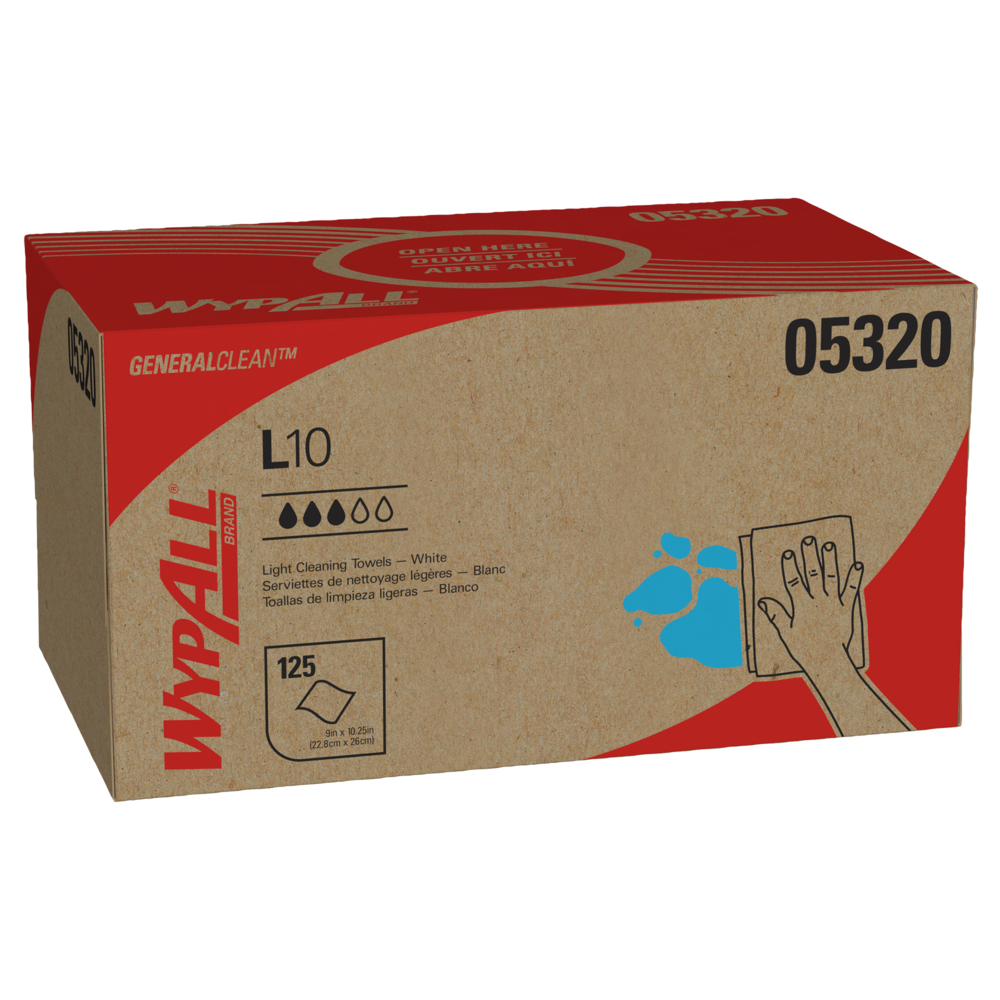 Lingettes de nettoyage léger WypAll® L10 General Clean (05320), 1 épaisseur, boîte Pop-Up, blanches, 18 paquets/caisse, 125 lingettes/boîte - 05320