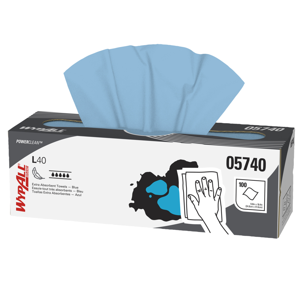Lingettes extra absorbantes WypAll® L40 Power Clean (05740), lingettes à usage limité, bleues, 9 boîtes Pop-Up par caisse, 100 feuilles par boîte, 900 feuilles au total - 05740