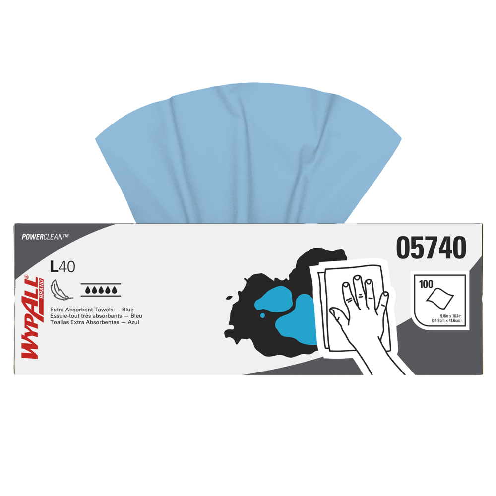 Lingettes extra absorbantes WypAll® L40 Power Clean (05740), lingettes à usage limité, bleues, 9 boîtes Pop-Up par caisse, 100 feuilles par boîte, 900 feuilles au total - 05740