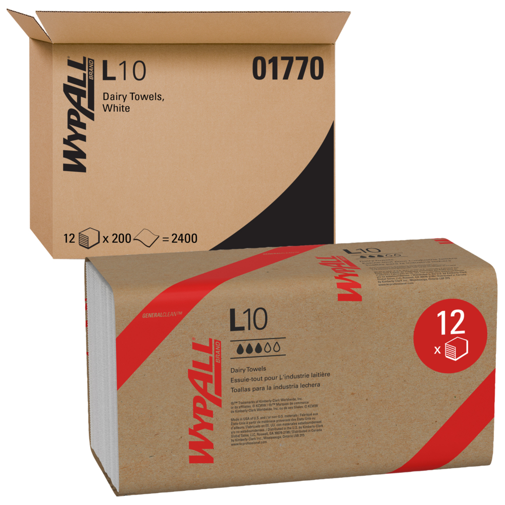 Lingettes de nettoyage léger WypAll® L10 General Clean (01770), lingettes pour le soin des animaux, 1 épaisseur, en paquet, blanches, 12 paquets/caisse, 200 lingettes/paquet, 2 400 feuilles/caisse - 01770