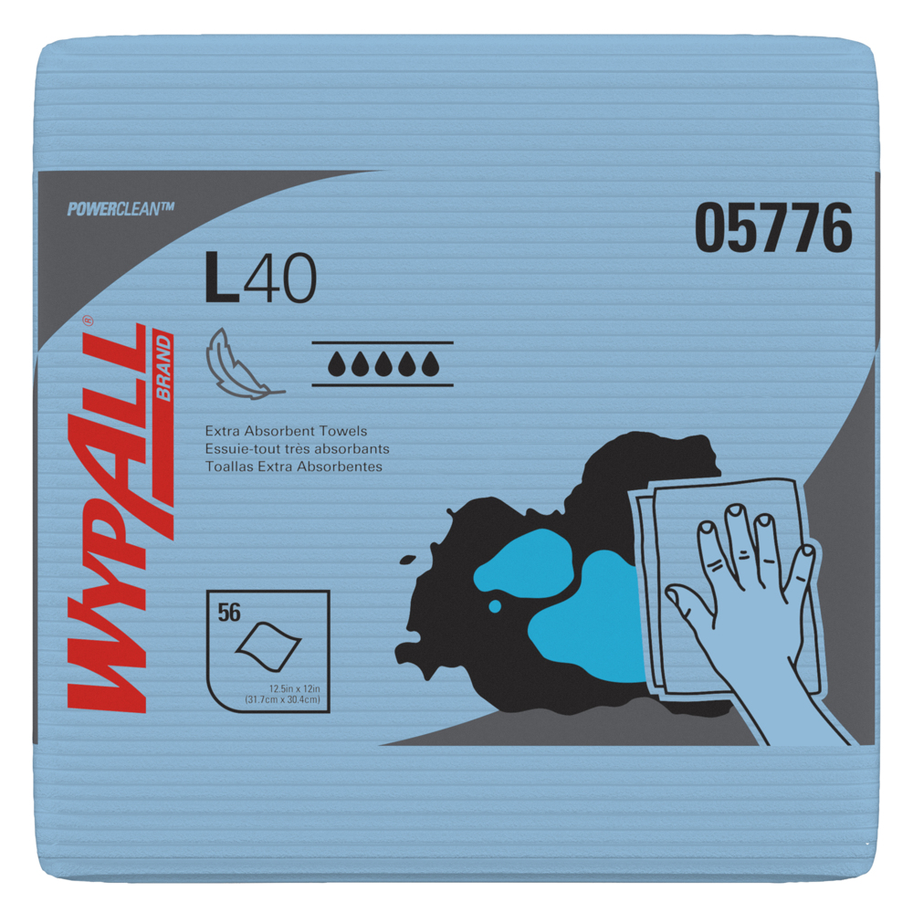 Lingettes extra absorbantes WypAll® L40 Power Clean (05776), lingettes à usage limité, bleues, 12 paquets par caisse, 56 feuilles par paquet, 672 feuilles au total - 05776