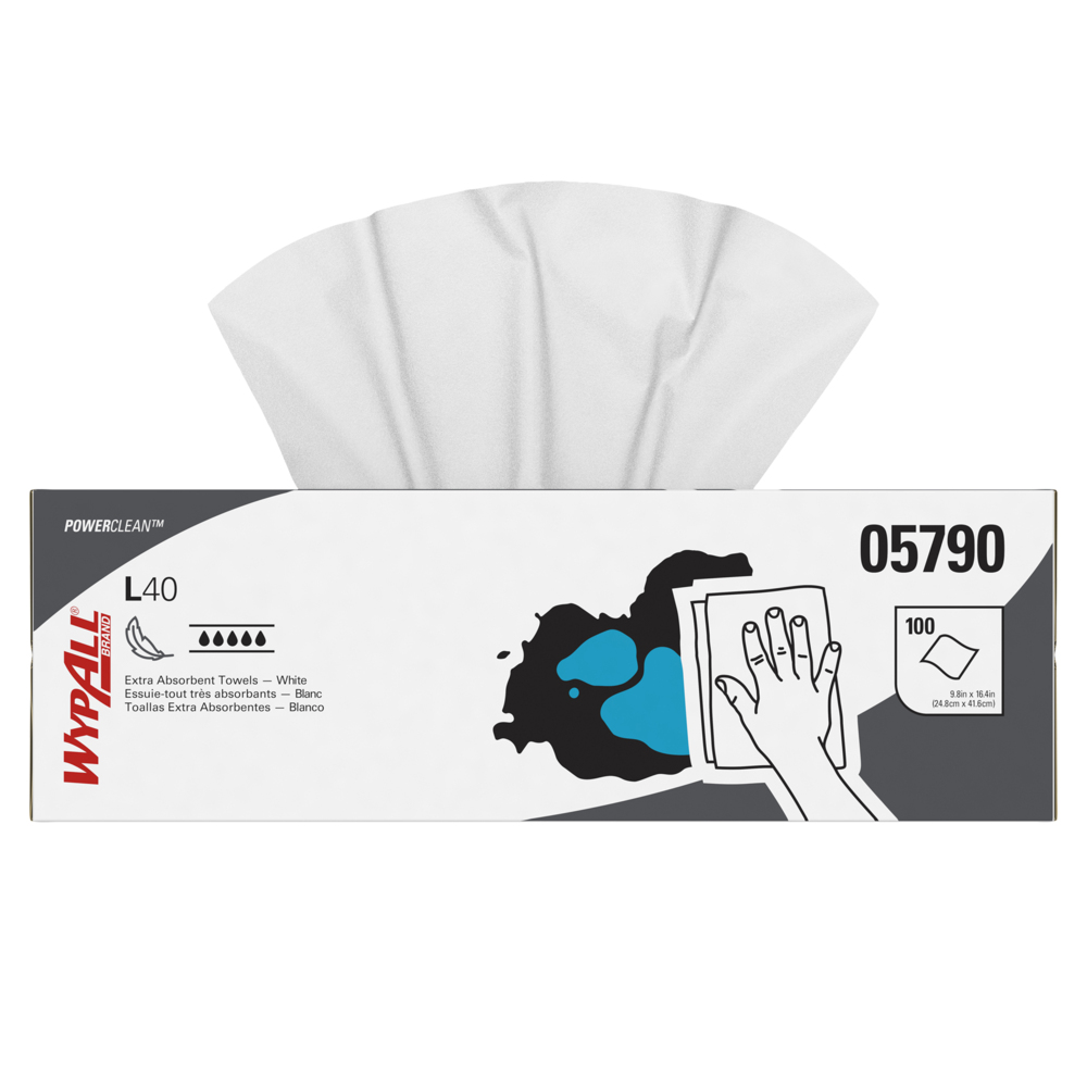 Lingettes extra absorbantes WypAll® L40 Power Clean (05790), lingettes à usage limité, blanches, 9 boîtes Pop-Up par caisse, 100 feuilles par boîte, 900 feuilles au total - 05790