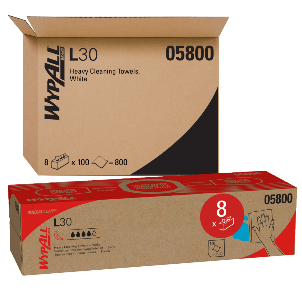 Lingettes de nettoyage robuste WypAll® L30 General Clean (05800) résistantes et douces, blanches, 100 lingettes/boîte Pop-Up, 8 boîtes/caisse, 800 lingettes/caisse - 05800
