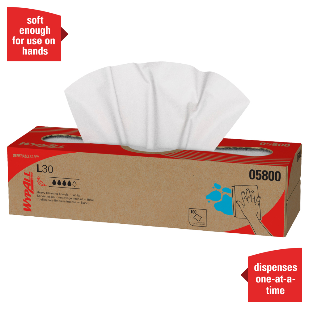 WypAll® General Clean L30 Heavy Cleaning Towels (05800), Strong and Soft Wipes, White, 100 Sheets / Pop-Up Box, 8 Boxes / Case, 800 Wipes / Case - 05800