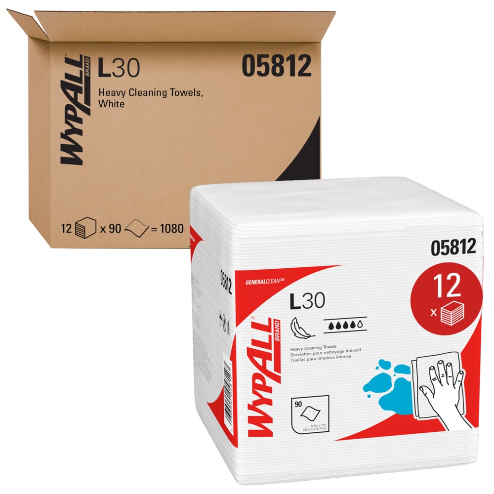 Lingettes de nettoyage robuste WypAll® L30 General Clean (05812), lingettes résistantes et douces, blanches, 12 paquets/Caisse, 90 lingettes/paquet