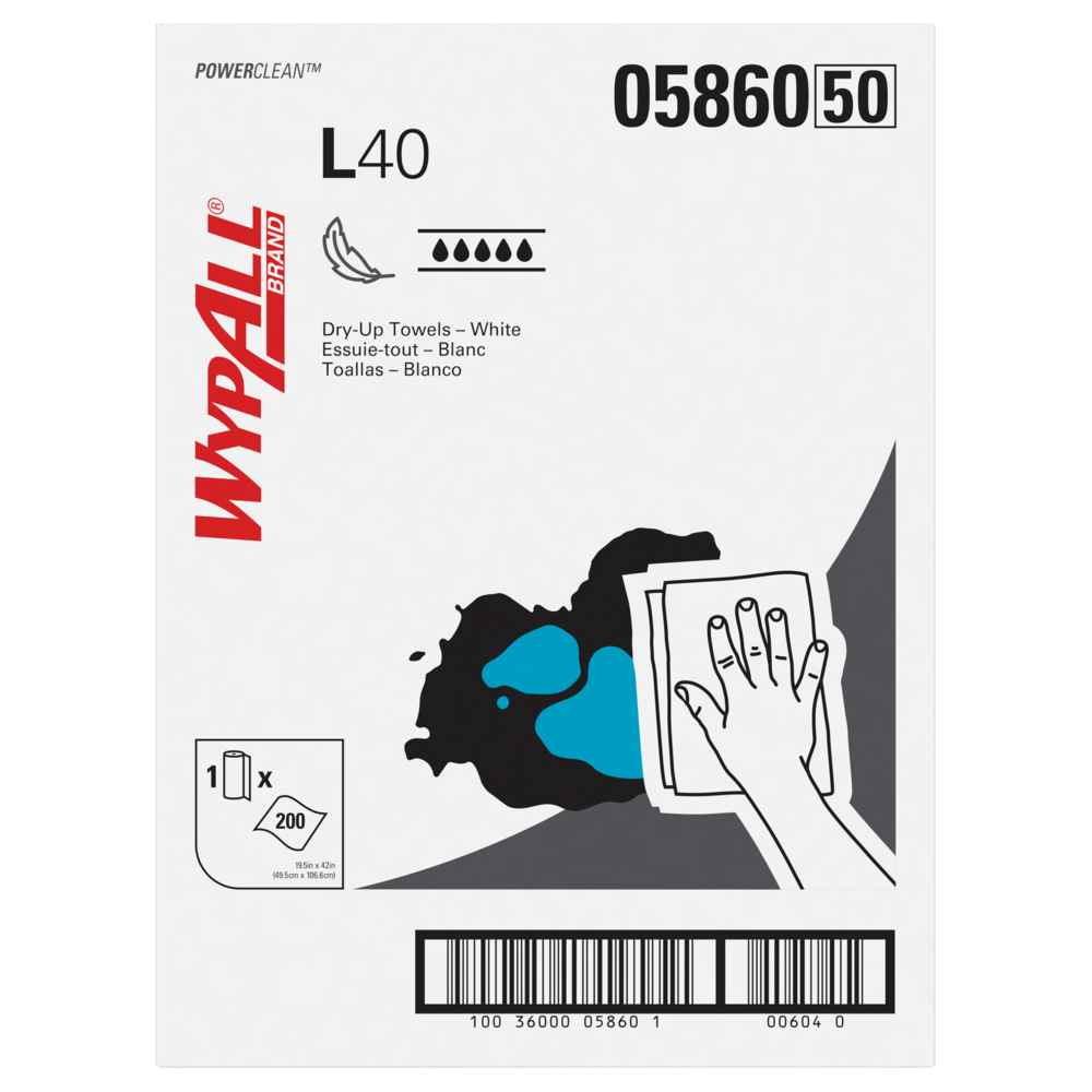 Lingettes extra absorbantes WypAll® L40 Power Clean (05860), lingettes à usage limité, blanches, 1 rouleau/boîte, 200 lingettes - 05860