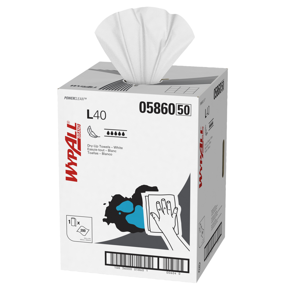 Lingettes extra absorbantes WypAll® L40 Power Clean (05860), lingettes à usage limité, blanches, 1 rouleau/boîte, 200 lingettes - 05860