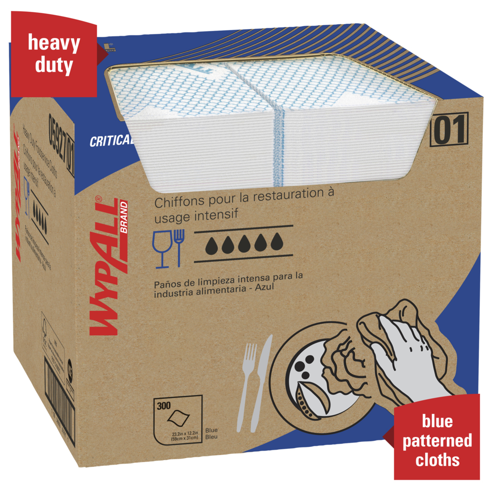WypAll® Critical Clean High Capacity Heavy Duty Foodservice Cloths (05927), Quarterfold, Blue, 1 Box, 300 Sheets - 05927