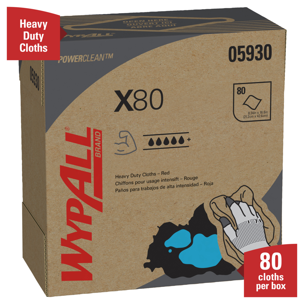 WypAll® Power Clean X80 Heavy Duty Cloths (05930), Pop-Up Box, Red, 80 Sheets / Box, 5 Boxes / Case, 400 Sheets / Case - 05930