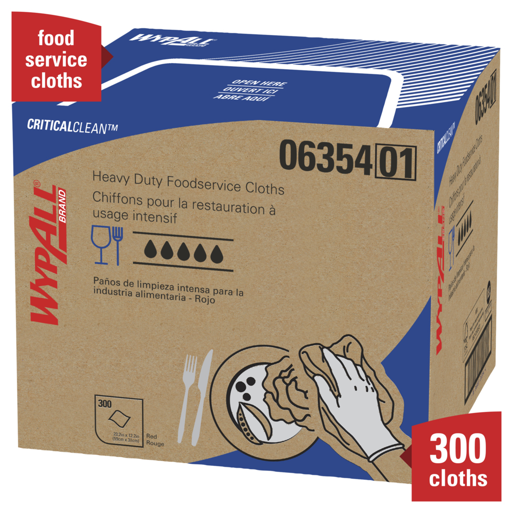 WypAll® Critical Clean High Capacity Heavy Duty Foodservice Cloths (06354), Quarterfold, Red, 1 Box, 300 Sheets - 06354